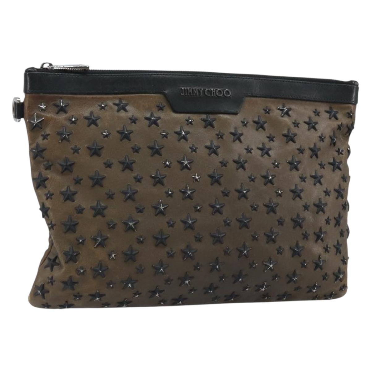Jimmy Choo Clutch Bag Leather Brown Silver Auth 173696