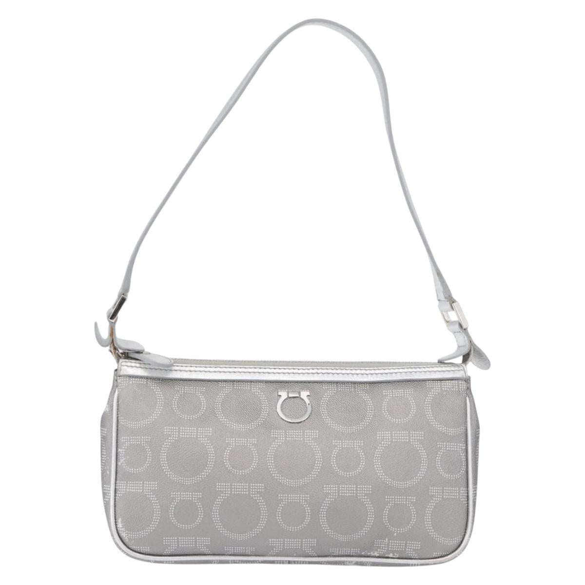 Salvatore Ferragamo Gancini Shoulder Bag PVC Leather Silver Auth 173697