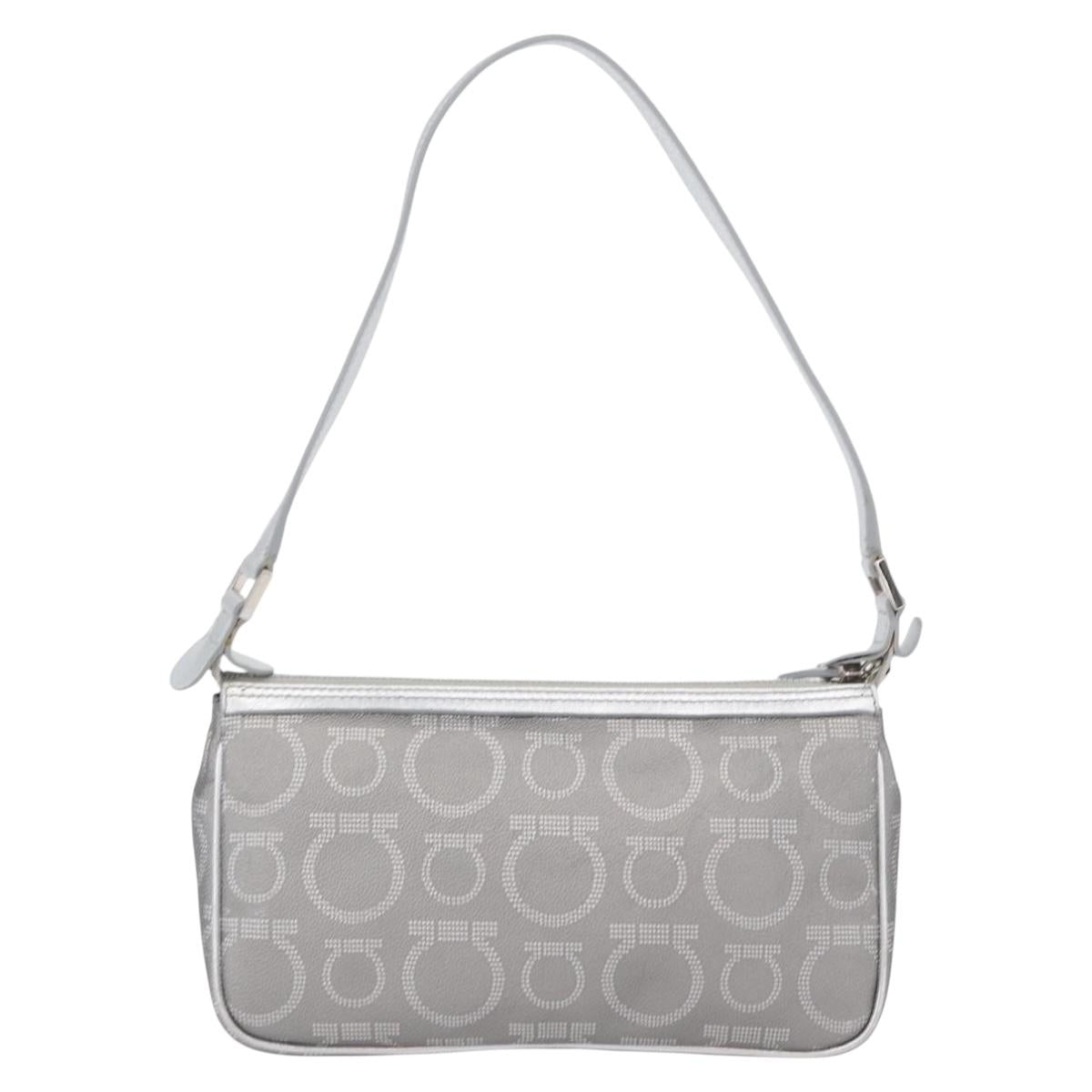 Salvatore Ferragamo Gancini Shoulder Bag PVC Leather Silver Auth 173697