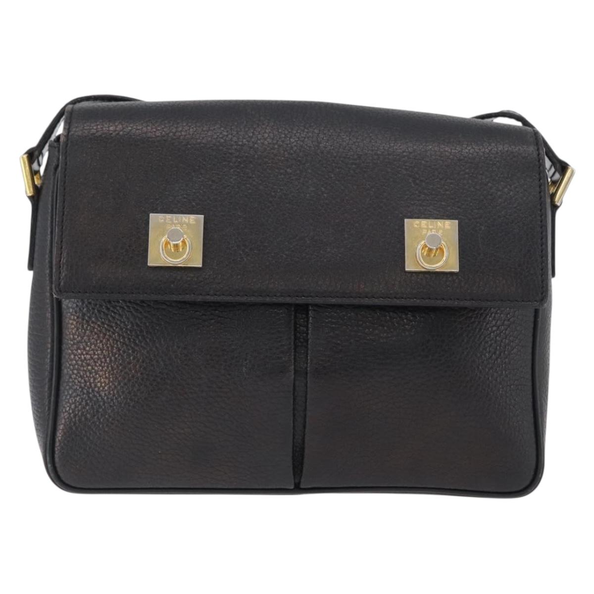 CELINE Shoulder Bag Leather Black Gold Auth 173699