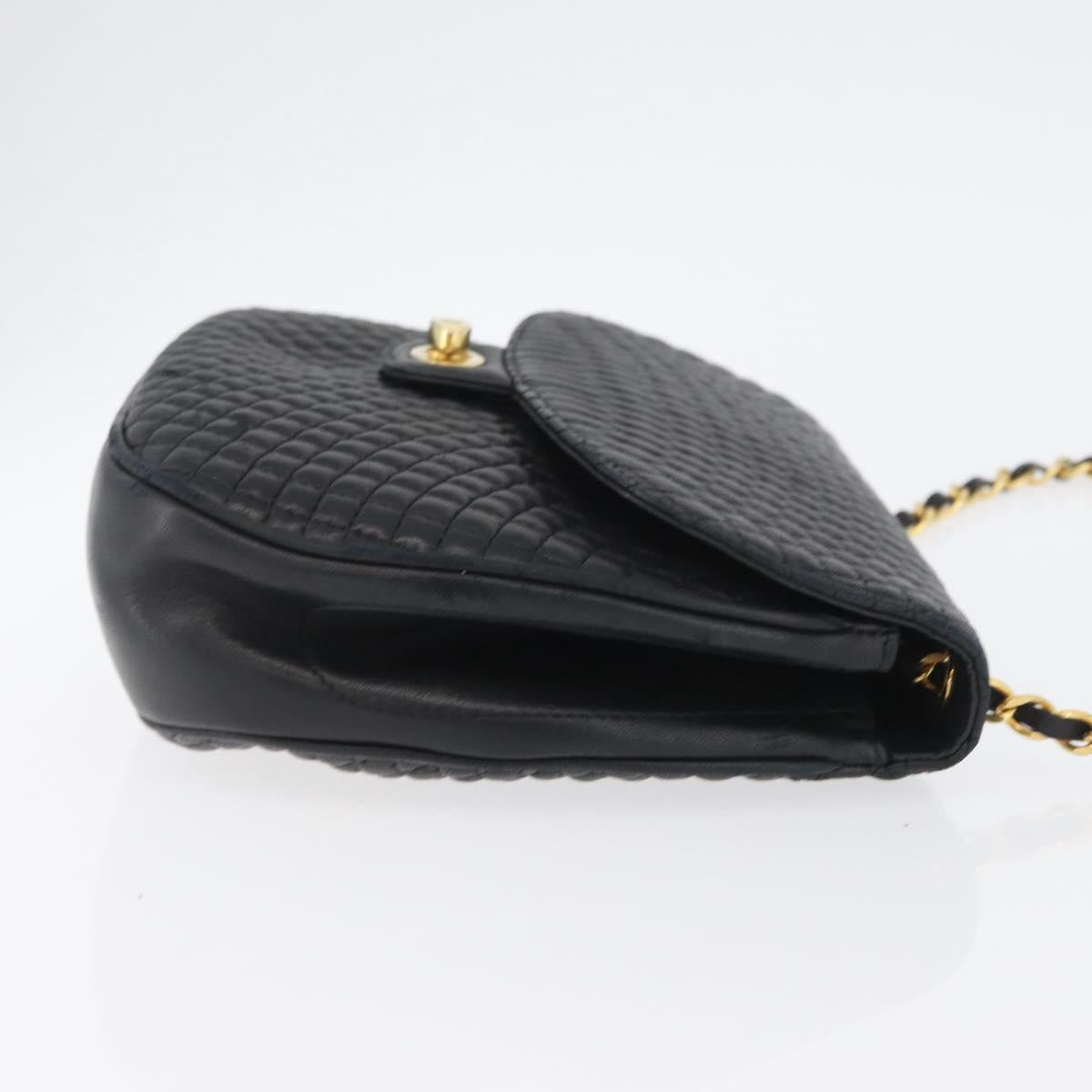 BALLY Quilted Chain Shoulder Bag Leather Black Gold Auth 173712