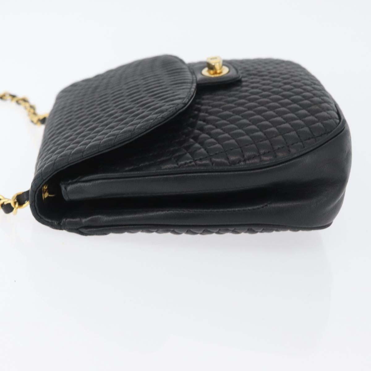 BALLY Quilted Chain Shoulder Bag Leather Black Gold Auth 173712