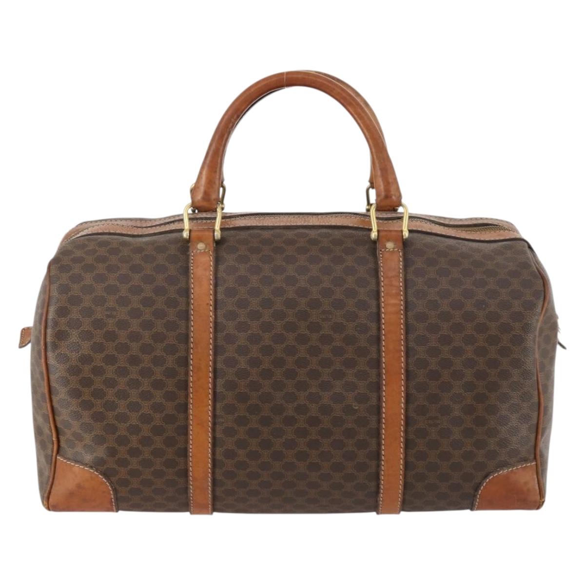 CELINE Macadam Canvas Boston Bag PVC Leather Brown Gold Auth 173776