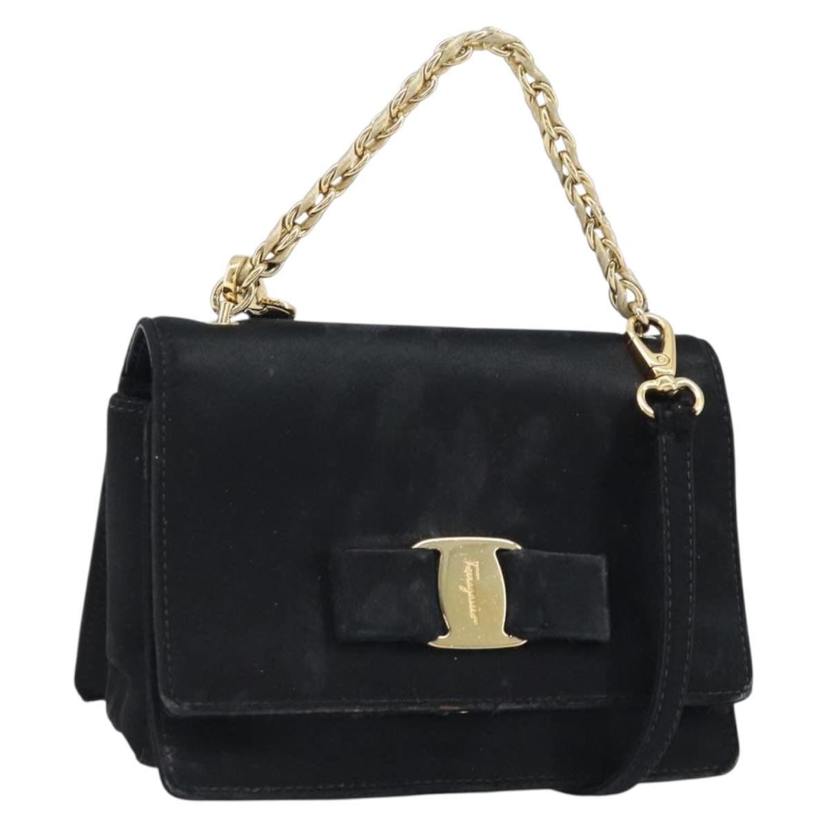 Salvatore Ferragamo Vala Ribbon Shoulder Bag Satin 2way Black Gold Auth 173786
