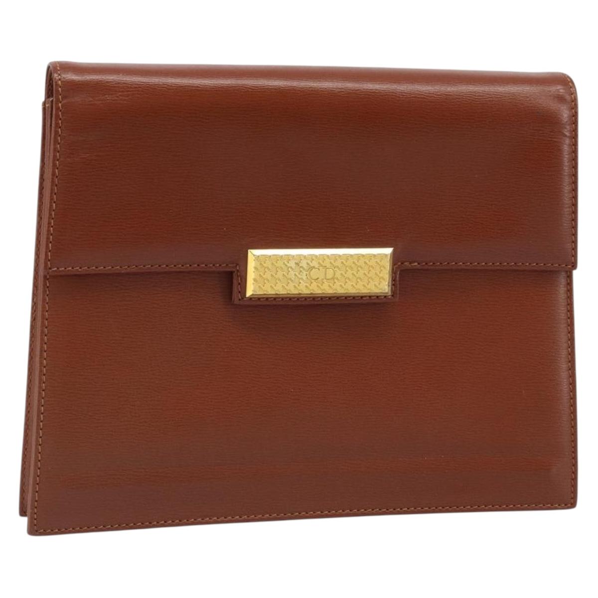 Christian Dior Clutch Bag Leather Brown Gold Auth 173808