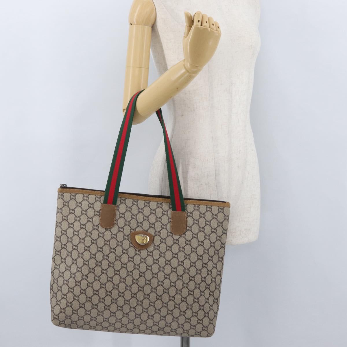 GUCCI GG Plus Supreme Web Sherry Line Tote Bag PVC Beige Red Green Auth 173818
