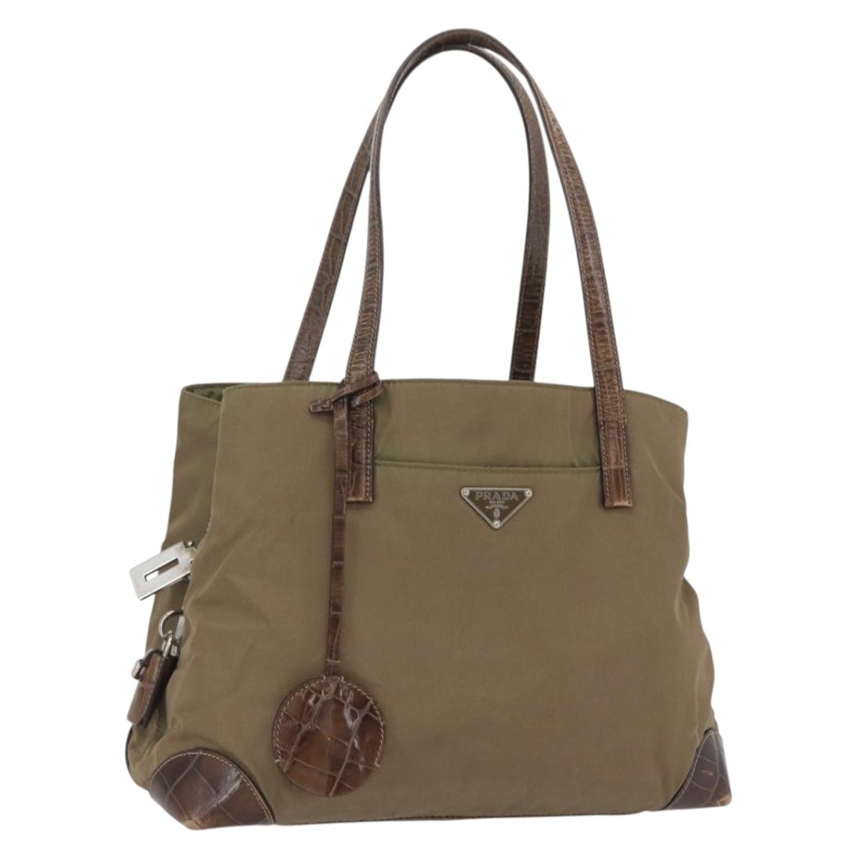 PRADA Hand Bag Nylon Khaki Silver Auth 173838
