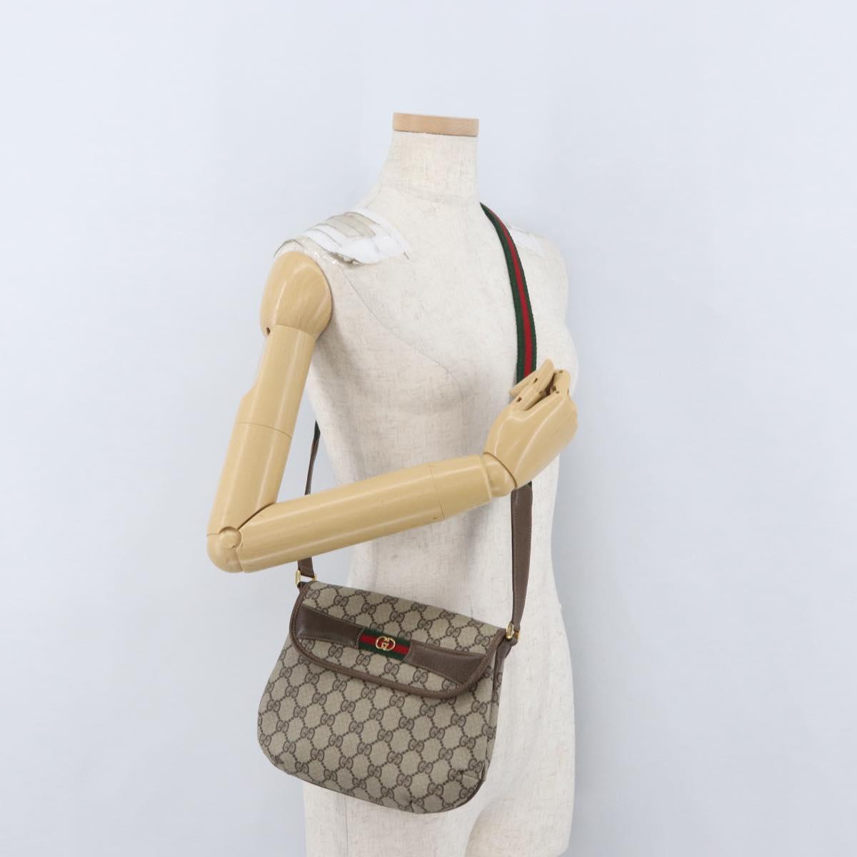GUCCI GG Supreme Web Sherry Line Shoulder Bag PVC Beige Gold Auth 173844