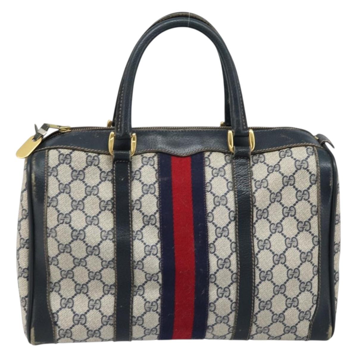 GUCCI GG Supreme Sherry Line Hand Bag PVC Navy Gold Red Auth 173870