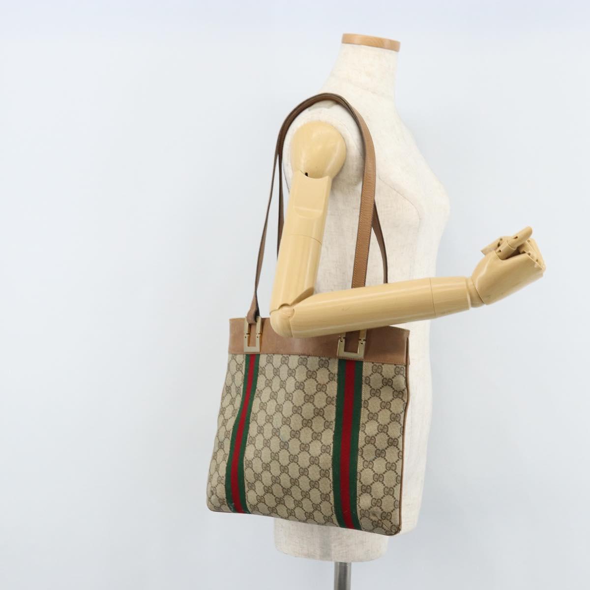 GUCCI GG Supreme Web Sherry Line Tote Bag PVC Beige Gold Auth 173878