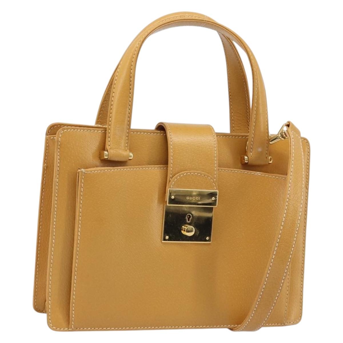 GUCCI Hand Bag Leather 2way Beige Gold Auth 173886
