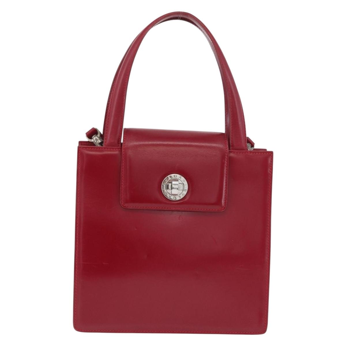 BVLGARI Hand Bag Leather 2way Red Silver Auth 173889A