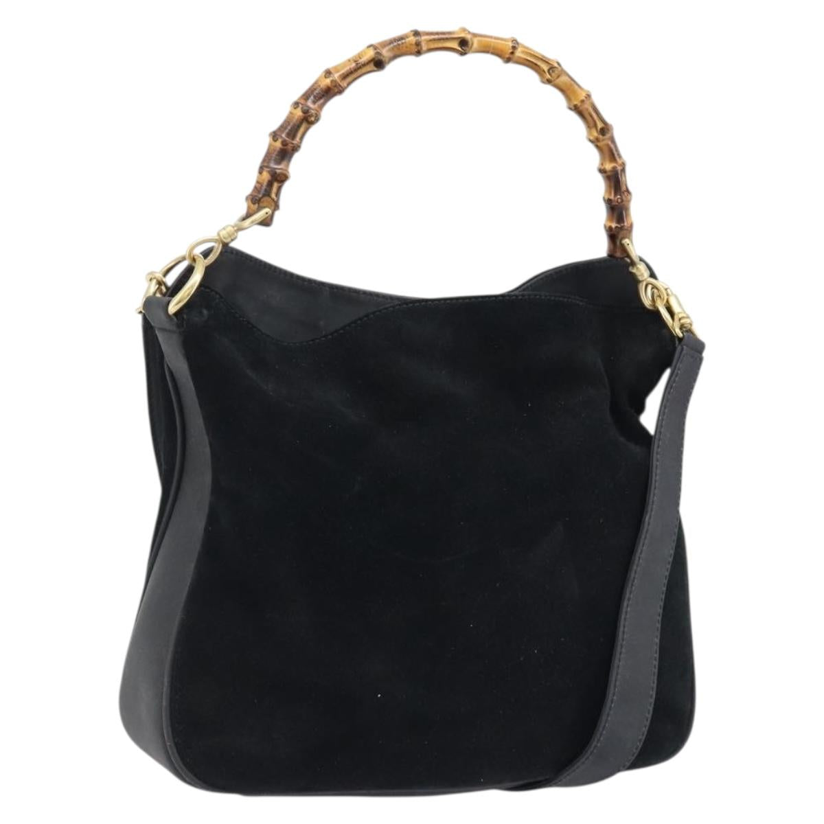 GUCCI Bamboo Hand Bag Suede 2way Black Gold 001 2404 1638 Auth 173894