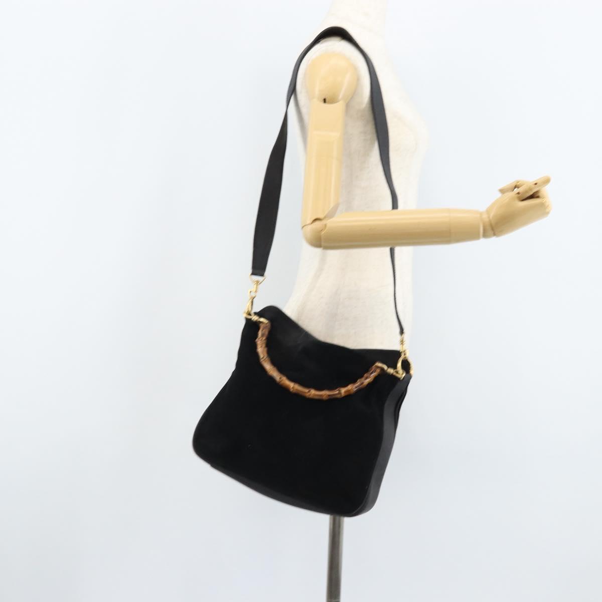 GUCCI Bamboo Hand Bag Suede 2way Black Gold 001 2404 1638 Auth 173894