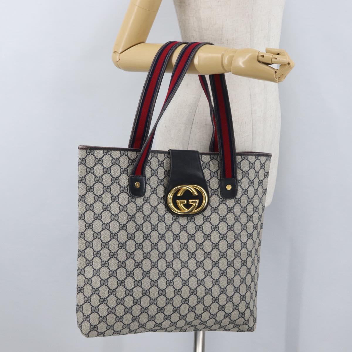 GUCCI GG Supreme Sherry Line Tote Bag PVC Navy Gold Auth 173904