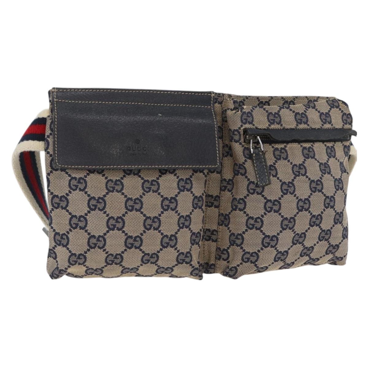 GUCCI GG Canvas Sherry Line Waist bag Navy Silver Red 28566 Auth 173931