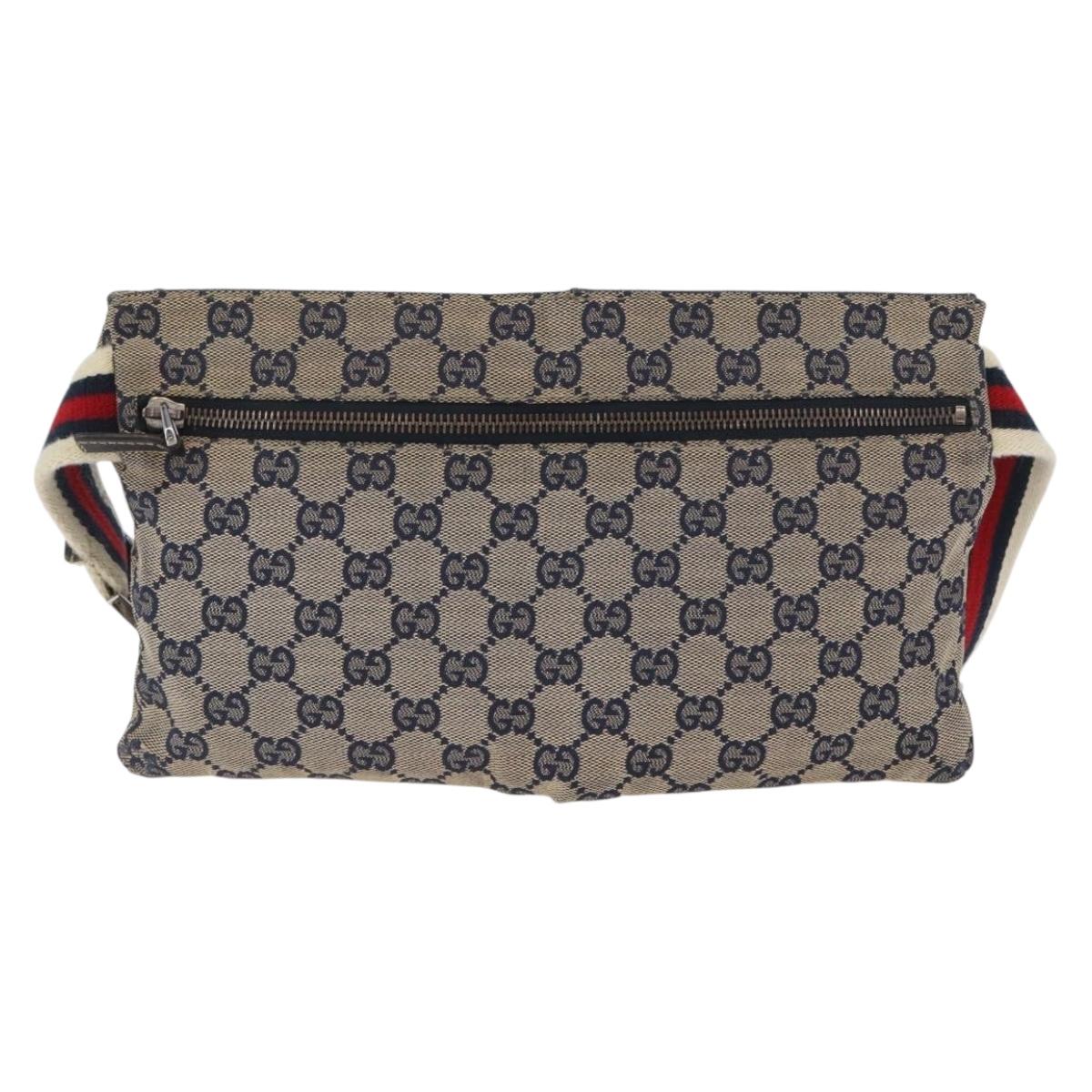 GUCCI GG Canvas Sherry Line Waist bag Navy Silver Red 28566 Auth 173931