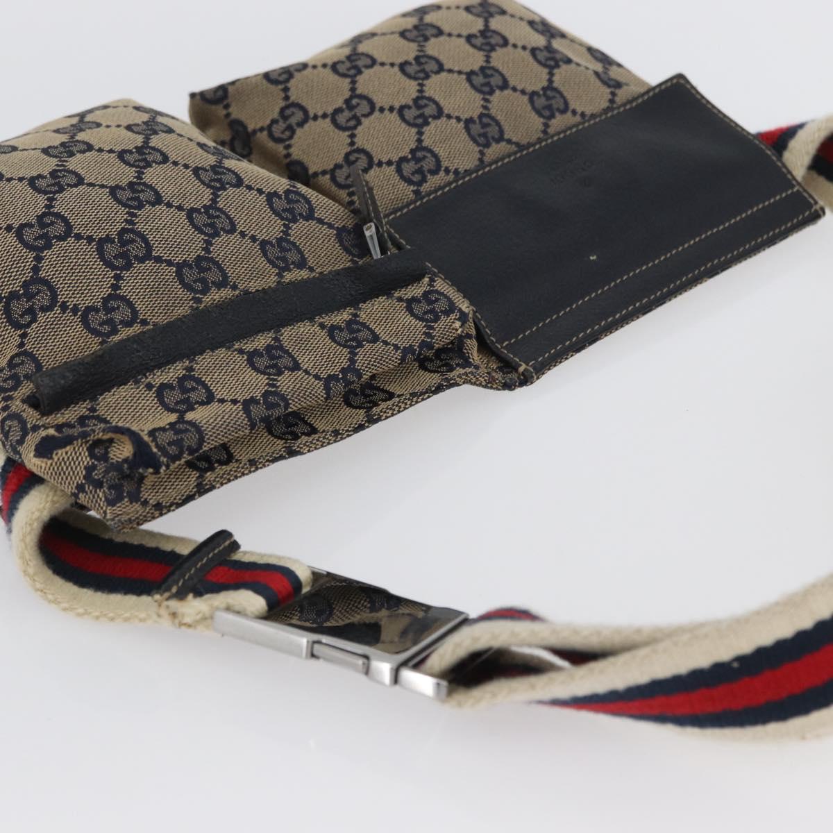 GUCCI GG Canvas Sherry Line Waist bag Navy Silver Red 28566 Auth 173931