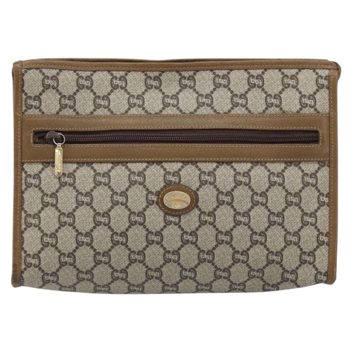 GUCCI GG Plus Supreme Clutch Bag PVC Beige Gold Auth 173932