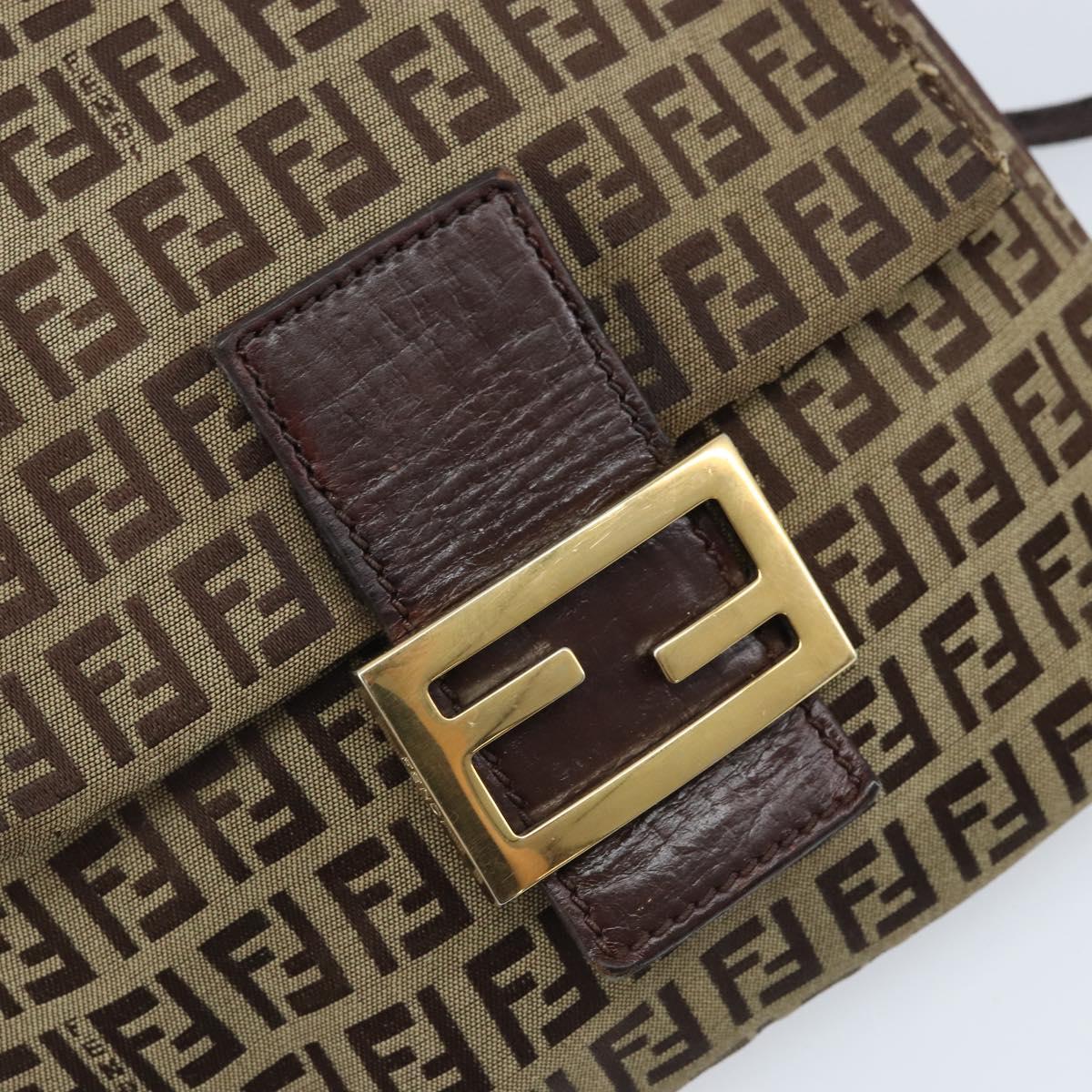 FENDI Zucchino Canvas Shoulder Bag Beige Gold Auth 173996