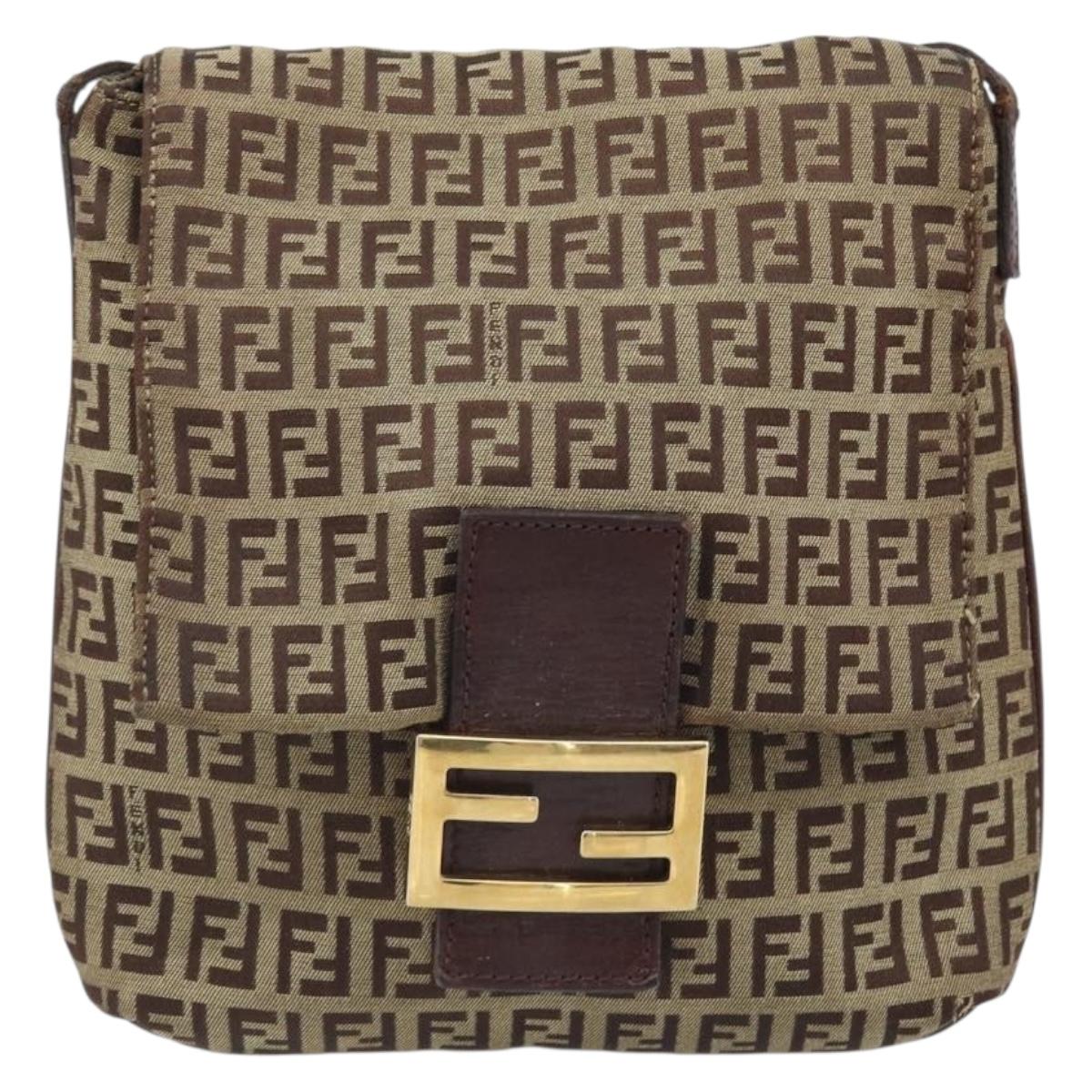 FENDI Zucchino Canvas Shoulder Bag Beige Gold Auth 173996