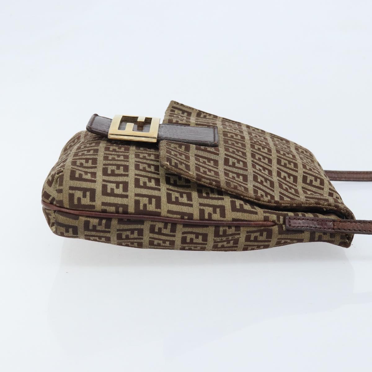 FENDI Zucchino Canvas Shoulder Bag Beige Gold Auth 173996