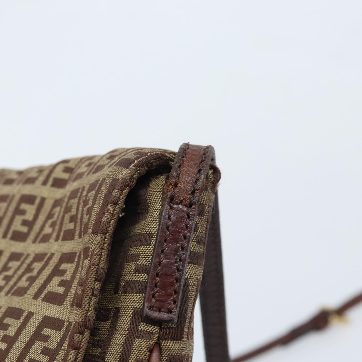 FENDI Zucchino Canvas Shoulder Bag Beige Gold Auth 173996