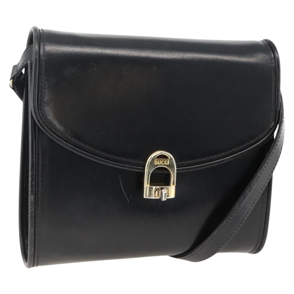GUCCI Shoulder Bag Leather Black Gold Auth 174014