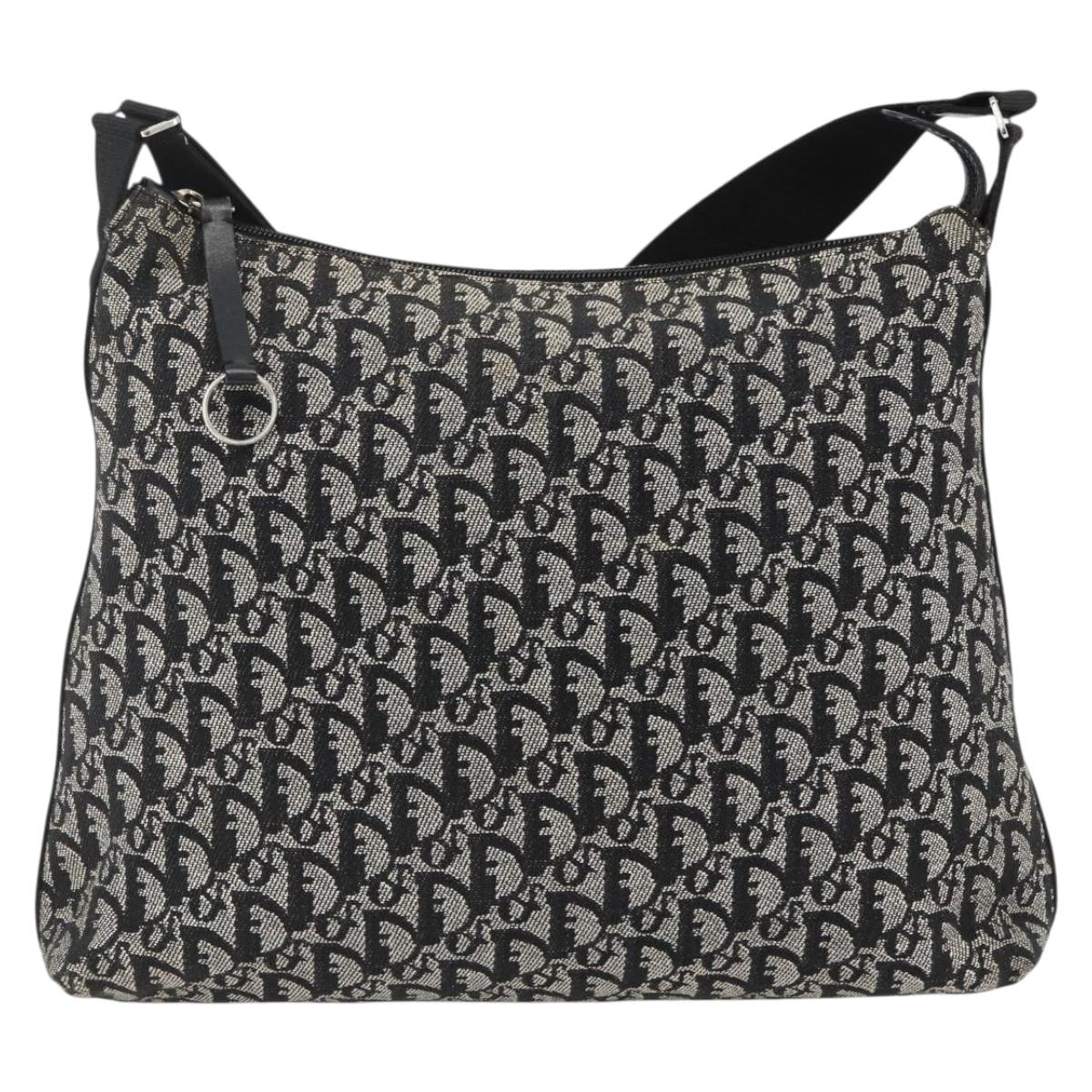 Christian Dior Trotter Canvas Shoulder Bag Black Silver Auth 174057A