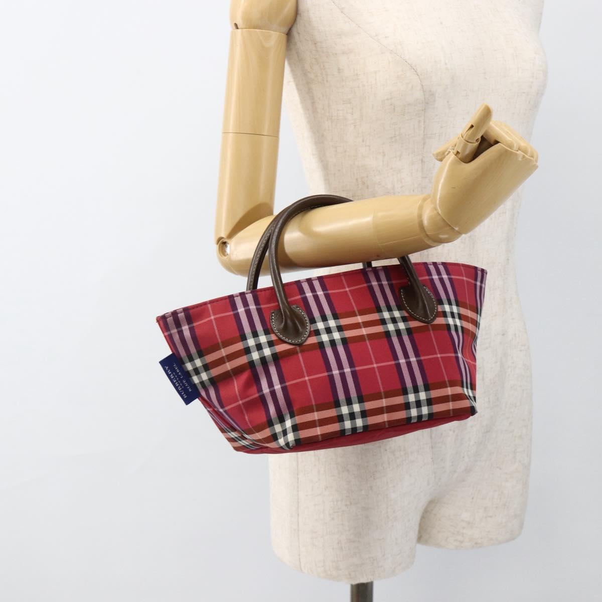 BURBERRY Nova Check Blue Label Hand Bag Nylon Leather Red Silver Auth 174065A