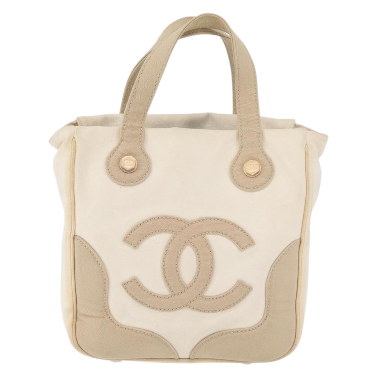 CHANEL Hand Bag Canvas Beige Cream CC Auth 174069A