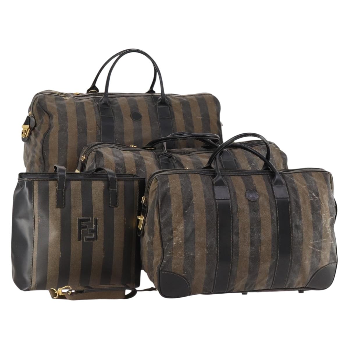 FENDI Pecan Canvas Boston Bag Coated Canvas 4 Set Brown Black Auth 174074