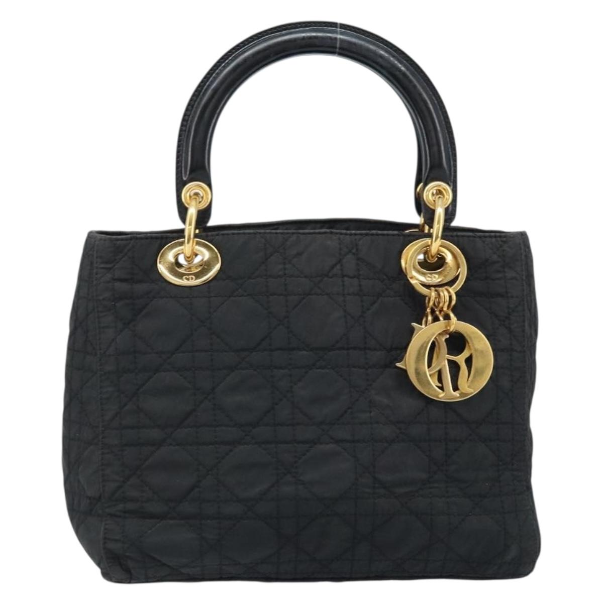 Christian Dior Lady Dior Hand Bag Nylon Black Gold Auth 174094