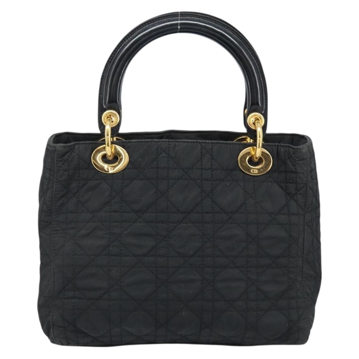Christian Dior Lady Dior Hand Bag Nylon Black Gold Auth 174094