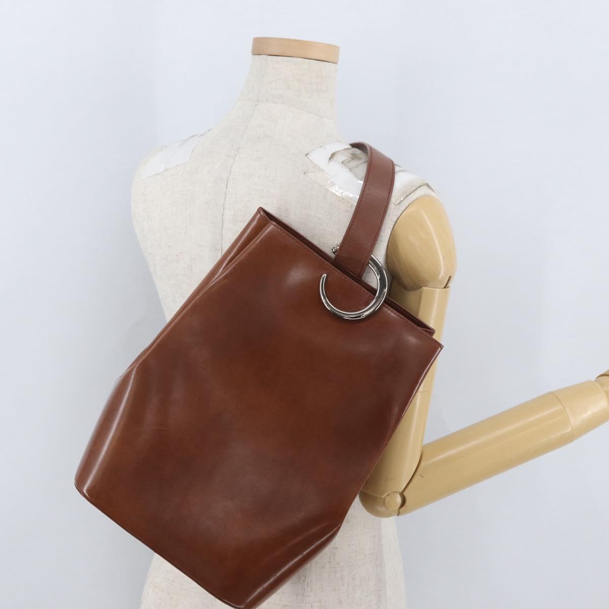 CARTIER Shoulder Bag Leather Brown Silver Auth 174111