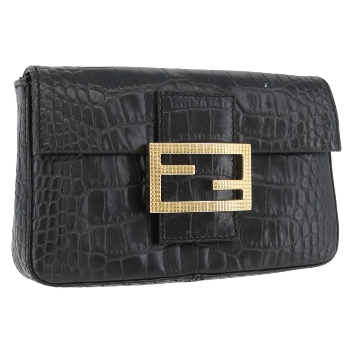 FENDI Mamma Baguette Pouch Leather Black Gold Auth 174141A