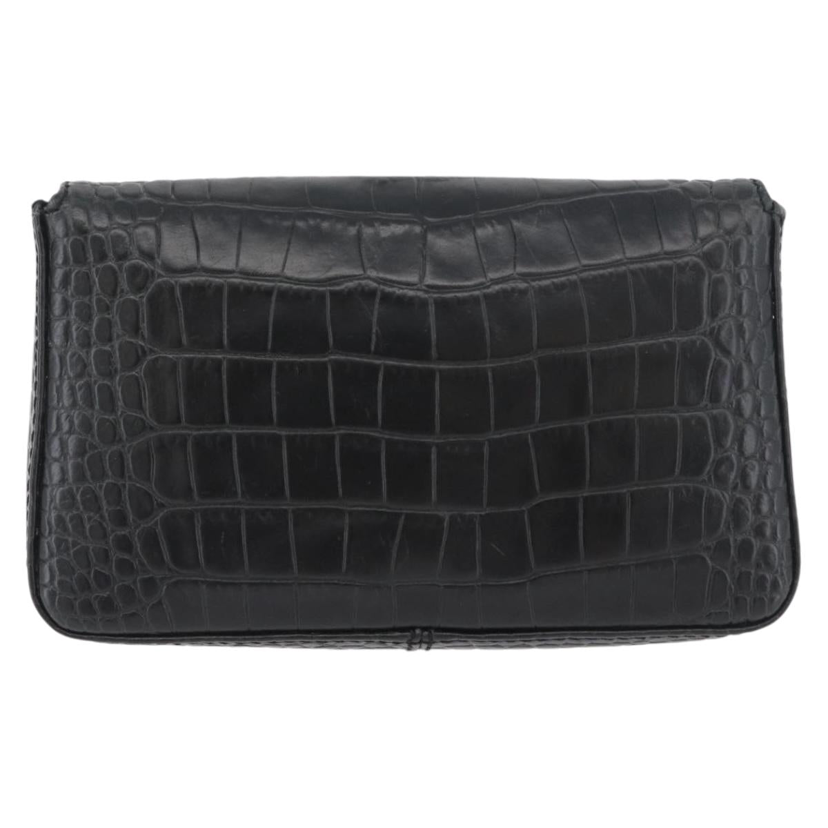 FENDI Mamma Baguette Pouch Leather Black Gold Auth 174141A