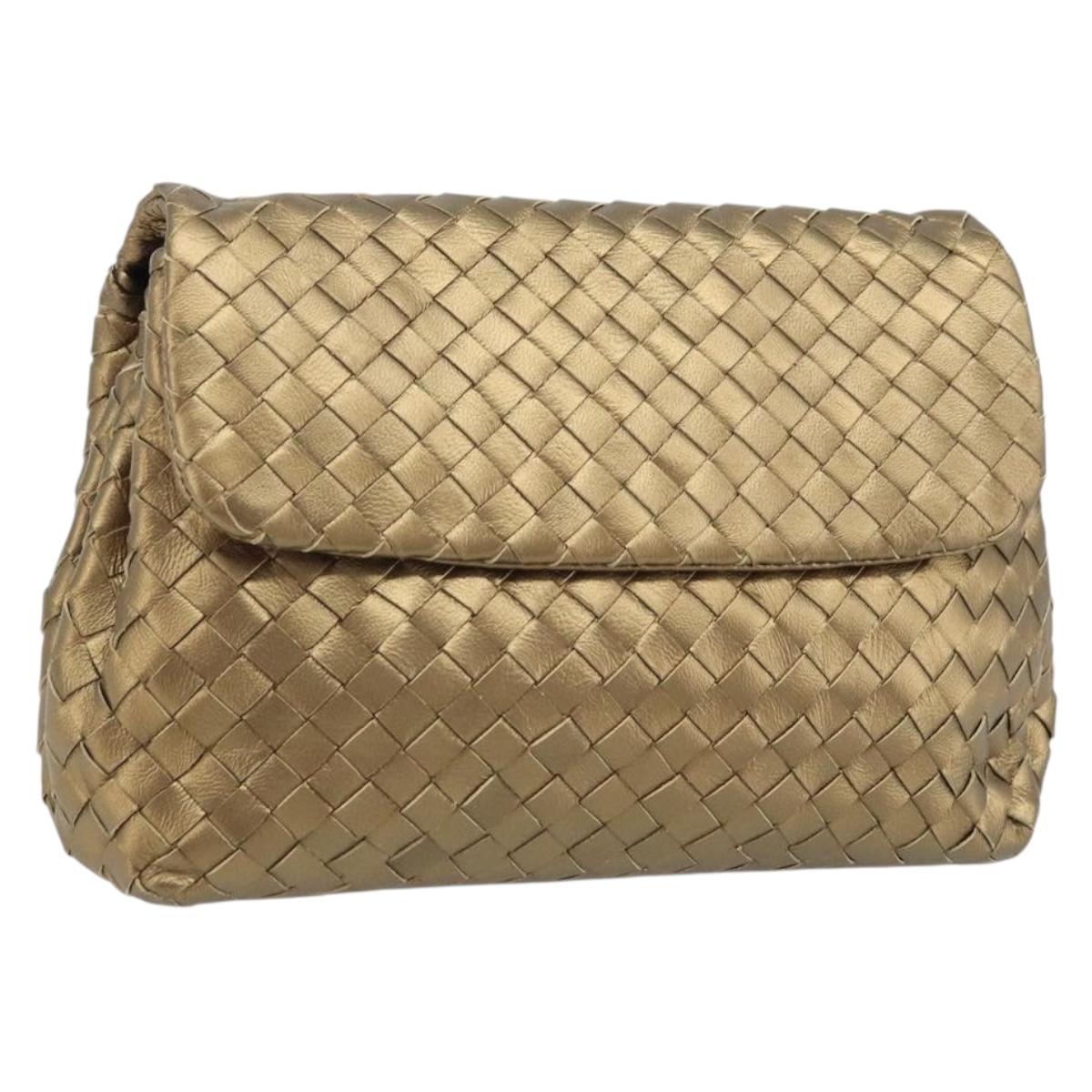BOTTEGA VENETA INTRECCIATO Clutch Bag Leather Gold Auth 174147