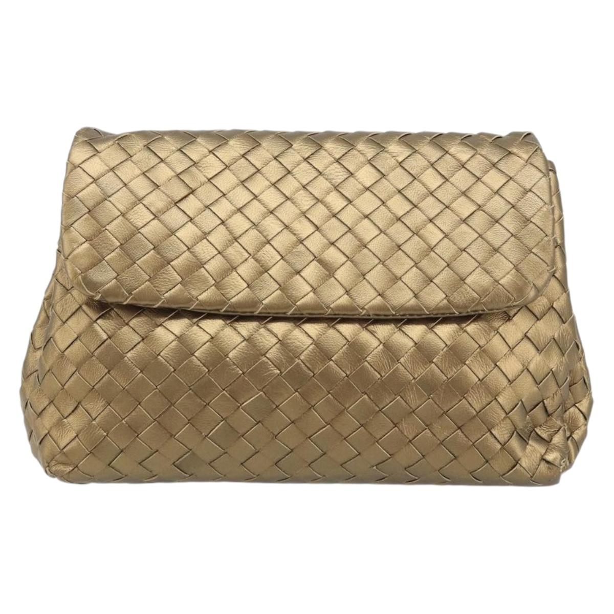 BOTTEGA VENETA INTRECCIATO Clutch Bag Leather Gold Auth 174147