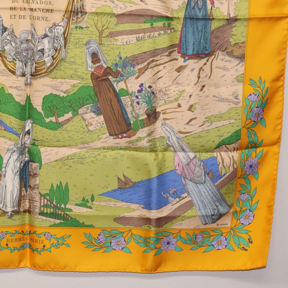 HERMES Carre 90 Scarf ""COSTUMES DES DEPARTEMENTS"" Silk Yellow Auth 174178A