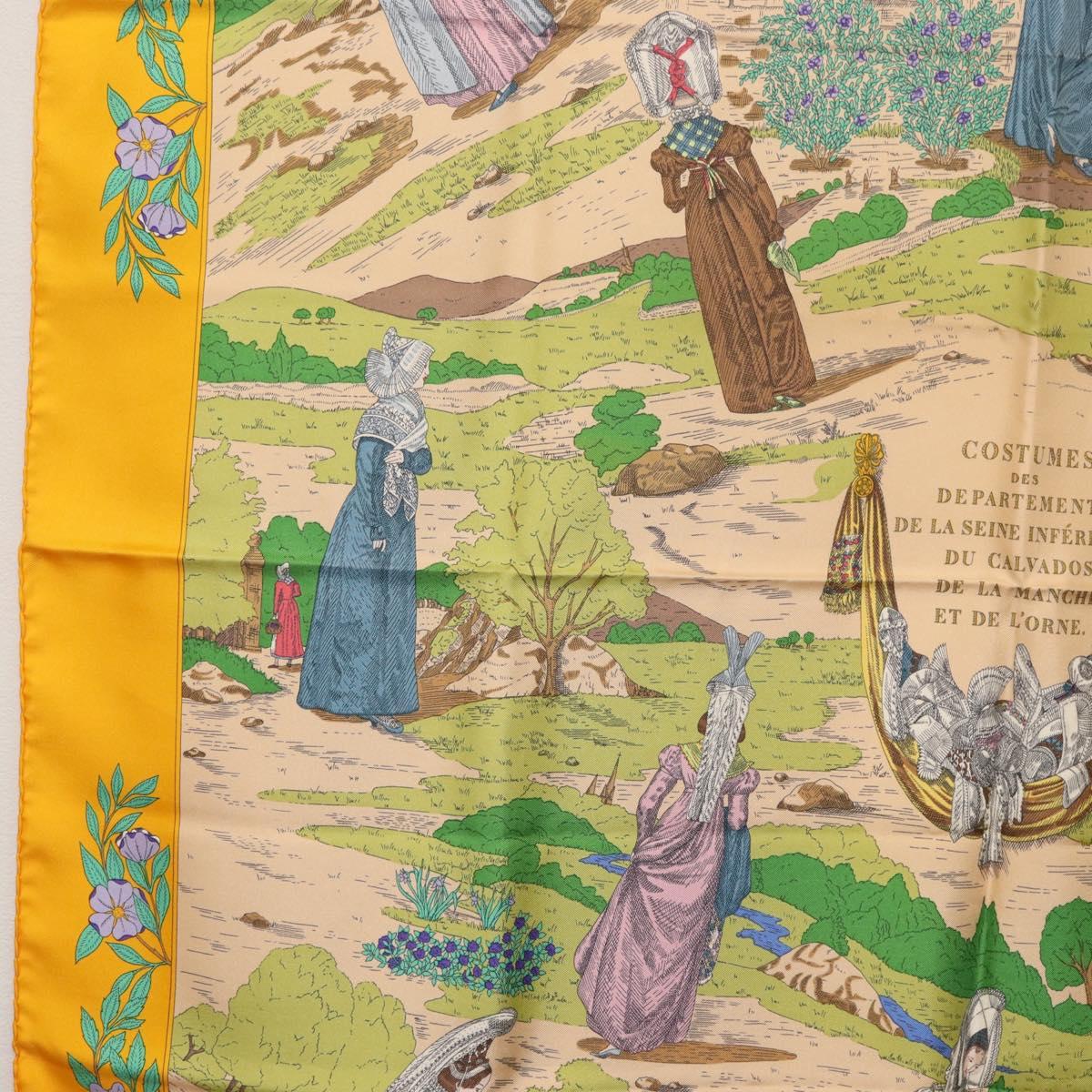 HERMES Carre 90 Scarf ""COSTUMES DES DEPARTEMENTS"" Silk Yellow Auth 174178A