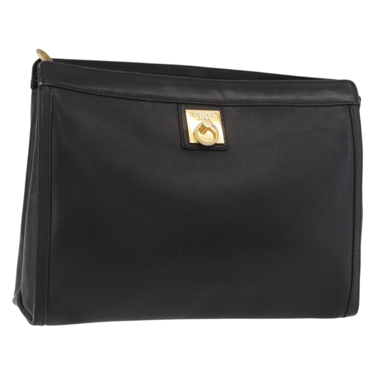CELINE Clutch Bag Leather Black Gold Auth 174310