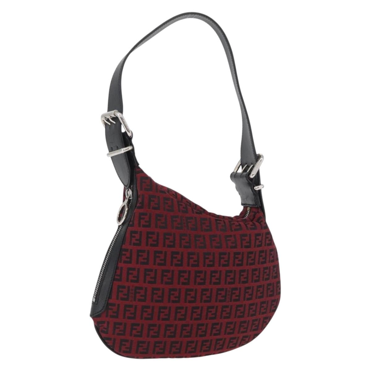 FENDI Zucchino Canvas Shoulder Bag Red Silver Auth 174322V