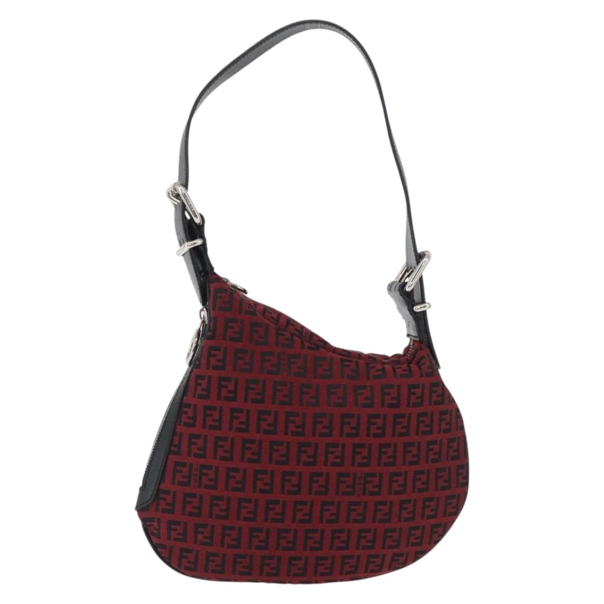 FENDI Zucchino Canvas Shoulder Bag Red Silver Auth 174322V