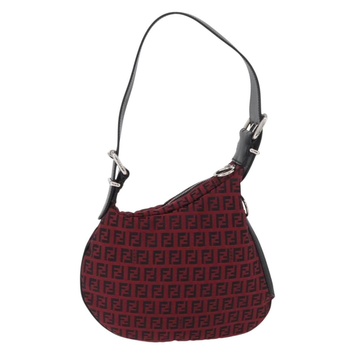 FENDI Zucchino Canvas Shoulder Bag Red Silver Auth 174322V