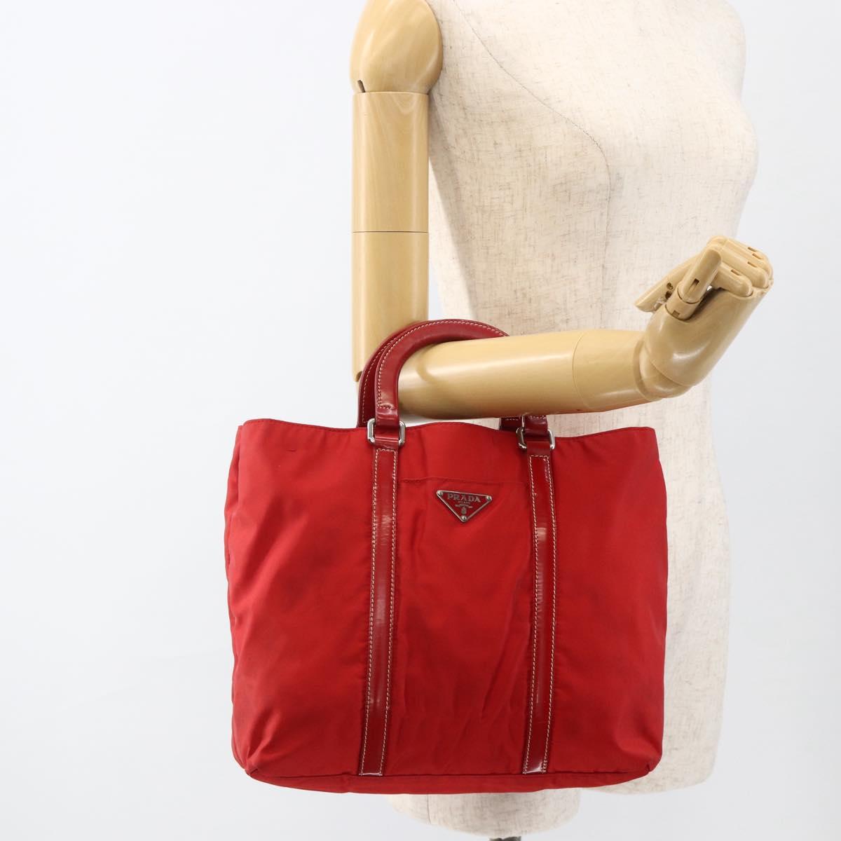 PRADA Hand Bag Nylon Red Silver Auth 174368