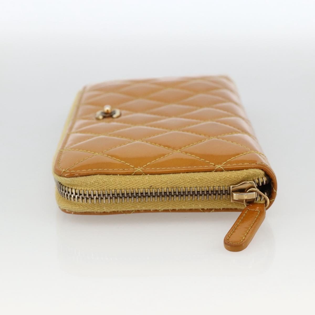CHANEL Matelasse Long Wallet Patent leather Gold Yellow CC Auth 174373A