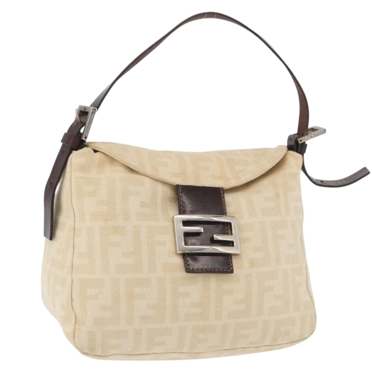 FENDI Zucca Canvas Mamma Baguette Shoulder Bag Beige Silver Auth 174398