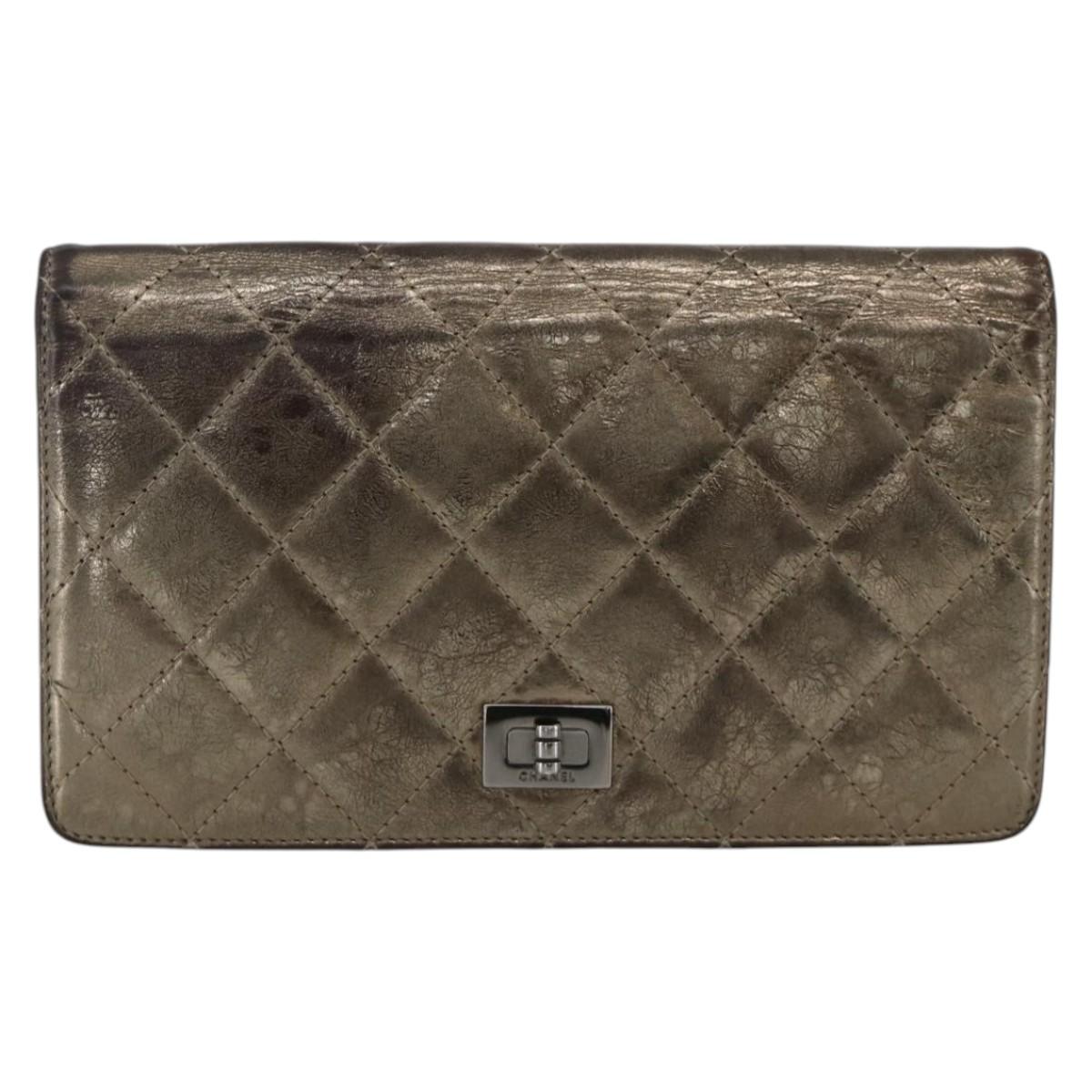 CHANEL Matelasse 2.55 Long Wallet Lamb Skin Gold Silver CC Auth 174416A
