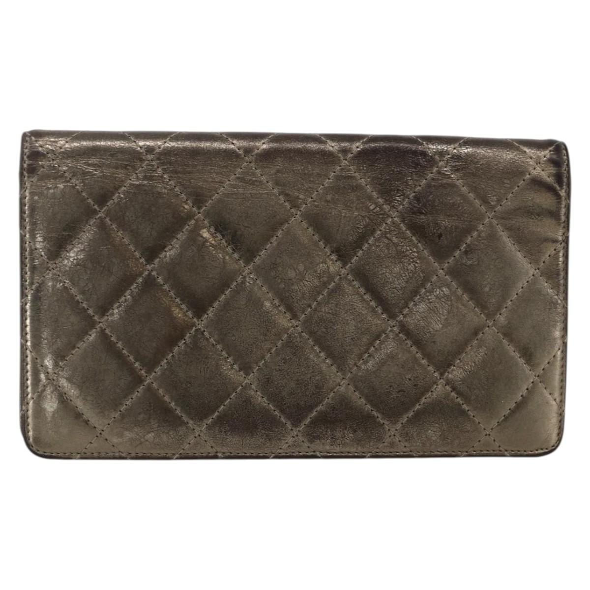 CHANEL Matelasse 2.55 Long Wallet Lamb Skin Gold Silver CC Auth 174416A